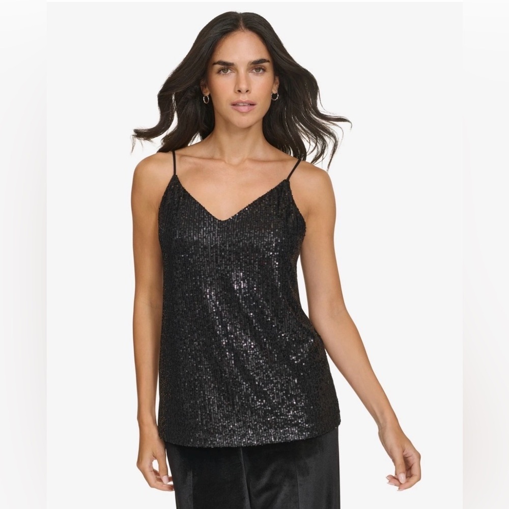 NWT Calvin Klein Womens V-Neck Sequin Camisole Black Size XL Luxury Sparkling